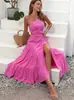 Vestido largo de mujer con volantes, estampado liso, cintura natural, lino/algodón, corte recto, transpirable y ecológico
