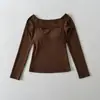 Ropa de Mujer al por Mayor Transfronteriza Estilo Europeo y Americano Color Sólido Manga Larga Hombro Descubierto Corte Cut-Out Camiseta de Manga Larga Top Básico Femenino