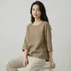 Camisa de Lino 100% Puro de Manga Tres Cuartos, Nuevo Estilo de Verano para Mujer, Elegante Suéter Casual de Cuello Redondo, Camiseta Artística para el Trabajo