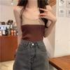 Camisola de Punto Estilo Coreano Vintage con Puntadas de Color Contrastante para Mujer, Verano, Ajuste Ceñido, Adelgazante, Corta, para Llevar por Dentro o por Fuera