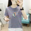 Camiseta Suelta de Manga Corta de Nuevo Estilo para Verano 2026, Talla Grande para Mujer para Cubrir la Barriga, Camiseta Rayada en Blanco y Negro para Mamá