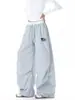 Calça xadrez bordada casual estilo americano para homens e mulheres, calça larga plissada solta de verão, calça casual simples e fluida