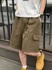 Shorts de Trabalho Americano Retrô Marrom Lavado para Homens, Verão Casual Estilo Lenhador Soltos de Cinco Pontos com Pernas Largas
