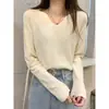 Estilo Relaxado Decote V Casual Tricô Solto Moda Outono e Inverno Camada Base Fashionável Manga Longa Top Básico Tricô Macio e Ceroso Feminino