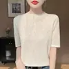 Camiseta feminina de malha de lã penteada de alta qualidade para o verão, gola semi-alta, mangas curtas, solta, fina, nova, meia manga