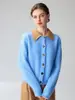 Colección de otoño e invierno: Suéter de punto para mujer 100% cachemira, cuello polo, diseño color block, versátil de doble uso, top cárdigan engrosado