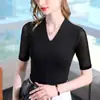 2026 Nuevo Top de Malla de Manga Tres Cuartos Ajustado para Primavera y Otoño Camiseta Negra de Manga Media para Mujer Cuello en V En Stock
