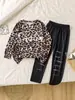 Conjunto de Top de Manga Larga con Cuello Redondo y Estampado de Leopardo para Niña + Pantalones Únicos con Estampado de Leopardo, Estilo Primavera y Otoño, Directo del Fabricante, en Stock