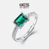 Anel Retangular de Esmeralda de Cultivo Prata de Lei S925 Estilo Clássico Francês de Luxo Anel Feminino Anel de Gema de Cultivo