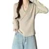 Suéter de punto ajustado de manga larga con cuello en V cruzado y fruncido en la cintura, estilo francés, nuevo para otoño, para mujer talla grande