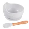Venta directa de cuencos y cucharas de silicona para bebés, vajilla infantil con mango de madera, cuchara de silicona, cuenco con ventosa para niños, cuenco de silicona para bebés.