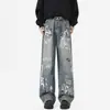 Calça Jeans Ins Retro Graffiti Estilo Americano para Homens e Mulheres, Calça Reta Solta, Design da Marca Vibe Fashion, Estilo High Street