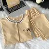 Pijama Estilo Coreano para Mulheres, Cardigan de Renda Casual com Gola Redonda, Mangas Longas e Calça, Conjunto Estilo Girly, Conjunto de Algodão para Casa