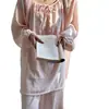 Conjunto de Manga Longa e Calça Longa de Cor Sólida para Primavera com Gola Redonda Francesa e Renda, Estilo Puro e Doce, Modelagem Solta para Casa, Modelo Fino