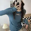 Camisa base de malha vazada para mulheres, primavera e outono, suéter pullover justo, modelagem slim, top de manga comprida, tamanho único, estilo europeu e americano