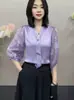 Camisa Nueva Estilo Primavera/Verano con Detalle de Corbata, Cuello en V, Versátil y a la Moda, Mangas de Burbuja Tres Cuartos, Color Sólido, Elegante y Versátil