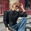 Camisa Corta Retro Europea y Americana Estilo de Corte Satín Mate Acetato Sintético Cuello Alto Pequeño Manga Abullonada Ajustada