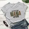 Camiseta de manga curta com gola redonda, estampa de letras MAMA com estampa de leopardo verde militar, nova, estilo europeu e americano, para o Dia das Mães 2023