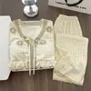 Pijama Estilo Princesa para Mulheres, Primavera/Outono, Bojos Finos Embutidos, Renda de Algodão Nuvem, Conjunto de Roupa de Casa com Blusa de Manga Longa e Calça Longa
