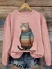 [Procesamiento Personalizado] Camiseta Base para Mujer con Estampado Digital 3D de Gato, Cuello Redondo, Manga Larga Camiseta para Mujer