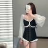 Maiô Sexy Peça Única Estilo Coreano Feminino Estilo Universitário Novo Manga Longa Proteção Solar Reunião para Seios Pequenos Super Fada Roupa de Banho para Fonte Termal