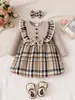 Vestido Longo de Manga Longa para Meninas Primavera e Outono, Roupa Infantil, Vestido Princesa para Bebê com Laço Xadrez e Manga Flare com Acessório de Cabelo
