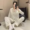 Pijama de Algodón Nube para Mujer, Primavera y Otoño, con Almohadillas en el Pecho, Cárdigan de Encaje, Mangas Largas, Lindo Conjunto de Ropa de Casa con Dibujos de Niñas