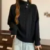 Tricô de lã novo para outono e inverno, gola alta, ombro reto, trança, estilo coreano, espessado, blusa de tricô abotoada para mulheres