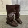 Botas de mujer de cuero estilo western vintage, estilo ballet, con cordones, botas de montar de media caña plisadas, botas largas de punta cuadrada