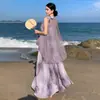 2024 Nuevo Estilo Chino Estilo Nacional Vestido de Cuello Falso de Dos Piezas Tie-Dye Vestido de Playa Vacaciones de Verano en la Costa Hada