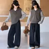 Conjunto de niña estilo coreano transfronterizo, nueva colección primavera/otoño, para niños de talla mediana y grande, con un suéter de imitación de dos piezas y pantalones de mezclilla, un conjunto de dos piezas de moda