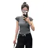 Camiseta de mujer de manga corta, color liso, cuello redondo, nuevo estilo de verano, top de punto sexy con calados, corte ajustado y estilizado, top corto