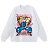 Camiseta com estampa de quadrinhos clássica, estilo high-street, acabamento lavado e desgastado, corte solto oversized, versátil de anime com manga curta, transfronteiriço