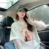 Camiseta de Algodón Puro con Empalme de Encaje Pesado para Protección Solar para Mujer 2025 Popular Estilo Princesita Graffiti Top de Longitud Media Falso de Dos Piezas