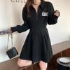 Diseño Estilo Hepburn Otoño e Invierno, Vestido Sudadera Negro que Disimula el Vientre, Cuello Polo de Nicho, Ceñido a la Cintura, Adelgazante, Vestido Estilo Universitario