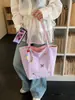 Bolsa de Compras Dupla Face Colorida com Pônei Bordado Dopamina Bolsa de Lona Casual Versátil Verão Listrada Moda Bolsa de Ombro
