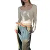 Cropped Curto Slim Fit Doce e Picante para Mulheres, Novo Estilo Primavera e Outono, Gola U Pure Desire, Barriga de Fora, Camiseta de Manga Longa com Ombro Normal
