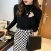 Suéter de Punto para Mujer Estilo Nuevo Otoño e Invierno Cuello Medio Alto Versátil Elegante Ajuste Delgado Jersey Prenda Base de Punto Tendencia Negro