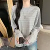 Camiseta de manga larga a rayas con cuello redondo estilo retro americano K2736 para mujer, corte holgado y adelgazante, perfecta para principios de otoño, uso casual y como capa base