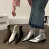Botines de moda estilo francés con tacón grueso para mujer, nuevos botines de una sola pieza para primavera y otoño 2024, punta fina, plateados, elegantes, de ajuste ceñido
