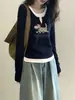 Camiseta de manga larga de dos piezas falsas de diseño vanguardista para mujer, moda Ins, versátil, tacto de alta gama, azul marino, top de algodón puro, otoño