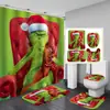 Juego de cortina de ducha impermeable con temática de Grinch, incluye cuatro piezas: cortina de ducha de poliéster, juego de baño impermeable y resistente al moho, y alfombrilla de baño
