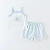 Conjunto de Shorts Sling de Verão para Bebê Roupão de Casa Respirável Sem Costura Renda Menina Criança Pequena Xadrez Pijama Conjunto de Duas Peças