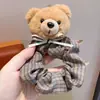Elástico de cabelo de pelúcia de urso de desenho animado para menina, elástico de tecido xadrez vintage, doce acessório de cabelo para meninas