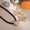 Brincos de Estrela do Mar de Metal Estilo Férias Transfronteiriças Europeu e Americano, Acessórios com Tema Oceânico, Conjunto de Colar de Corda Preta com Concha de Textura Vintage
