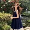 Vestido sin mangas de cuadros azules, estilo artístico francés, inspirado en el bosque vintage, fresco y casual, vestido largo tipo camisola de vacaciones