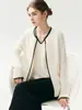 Suéter de punto de cachemira estilo francés con cuello en V, conjunto de dos piezas para mujer, blanco con ribete de contraste, un top chic y versátil