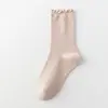 Calcetines holgados para mujer, calcetines de otoño e invierno con bordes rizados, calcetines de encaje hasta la mitad de la pantorrilla, calcetines de primavera y otoño, calcetines de algodón de color liso sin costuras