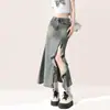 Saia Longa Jeans Dividida Irregular de Meio Comprimento Feminina Outono Nova Cintura Alta Linha A Quadril Cauda de Peixe Emagrecedora