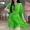 Traje de Moda del Sudeste Asiático para Mujer, Conjunto de Dos Piezas de Verano Moderno y Elegante con Top de Encaje con Cordones que Ceñe la Cintura y Shorts para Mujer